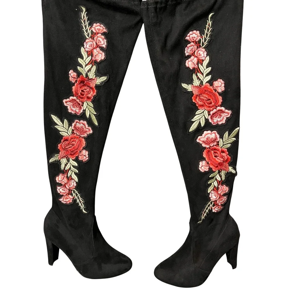 Wild Diva Black Over The Knee Boots‎ Floral Embroidery Block Heel Size 10
